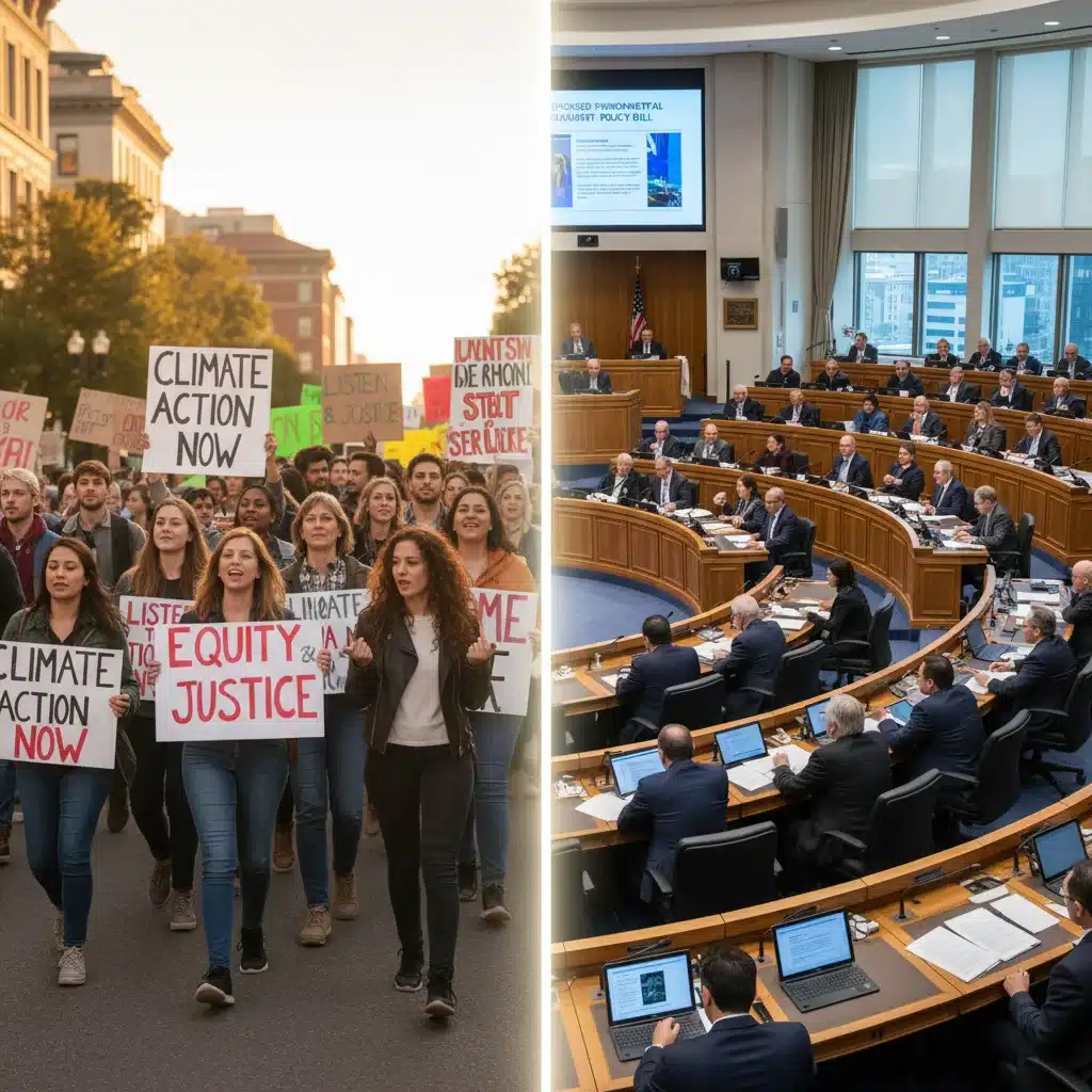 Activists protesting peacefully on one side, and legislators in session on the other, depicting the journey from protest to policy.