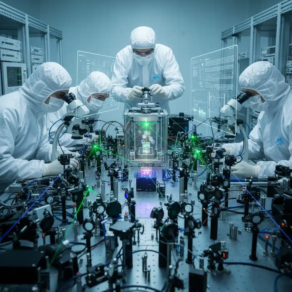 Scientists conducting quantum entanglement research in a lab