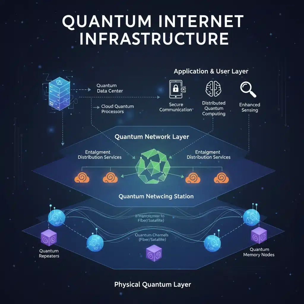 Infographic showing quantum internet infrastructure components and their interactions