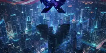 Futuristic cityscape with quantum threat symbol over critical infrastructure, representing cybersecurity challenges.