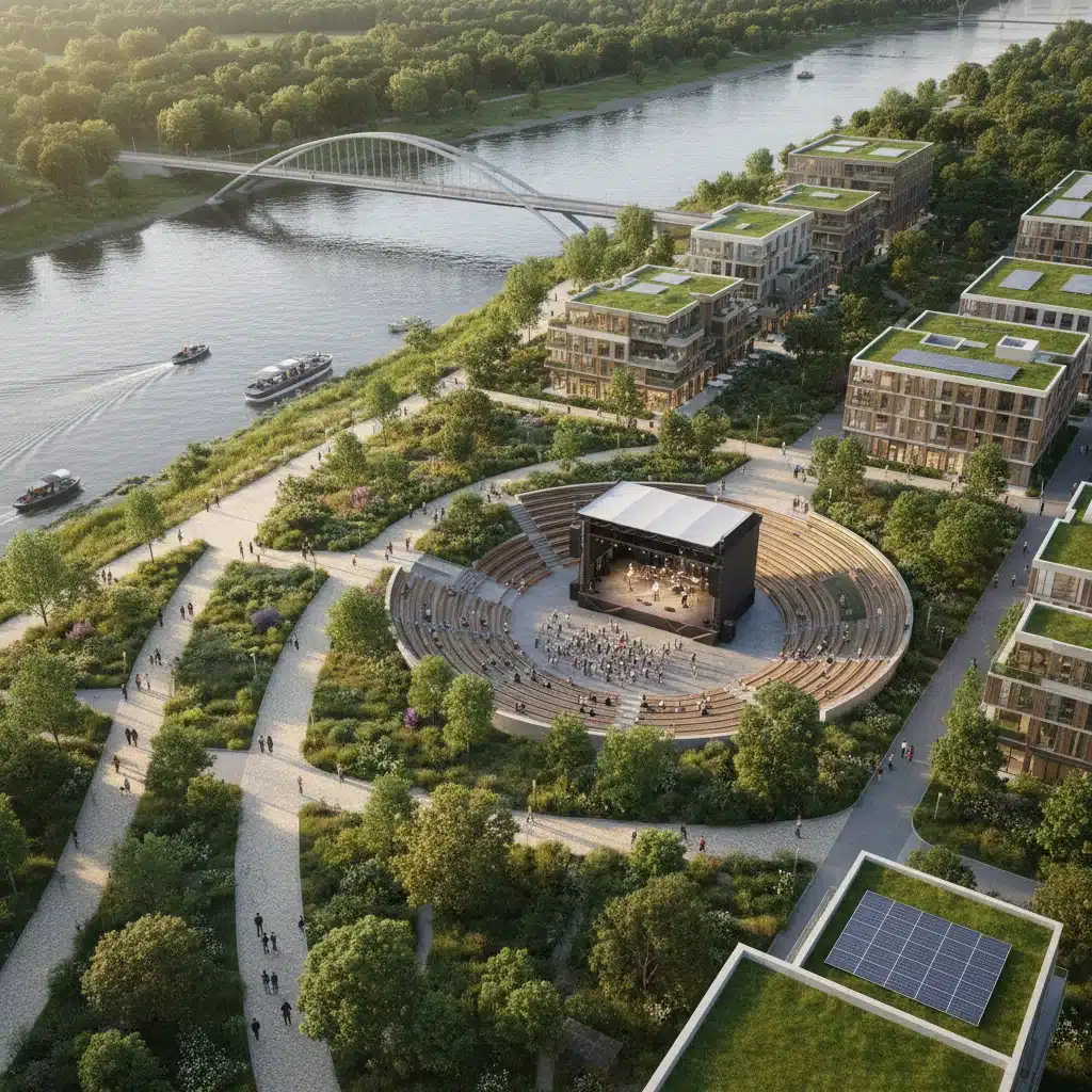 Aerial view of redeveloped waterfront with pathways, green spaces, and amphitheater.