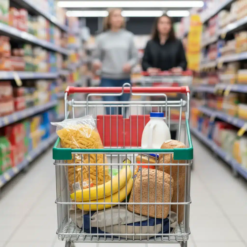 Partially empty shopping cart in a grocery store, representing reduced consumer spending.