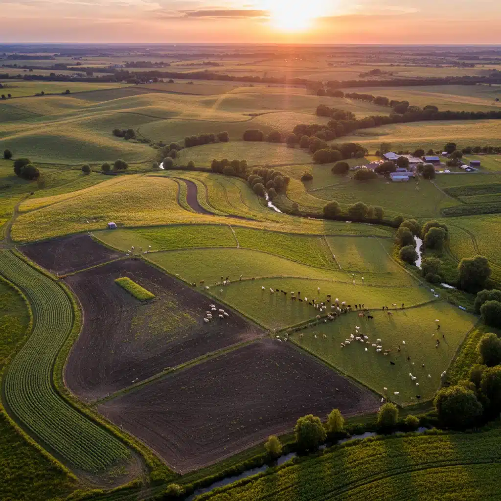 Aerial view of a regenerative agriculture farm with diverse crops and grazing animals