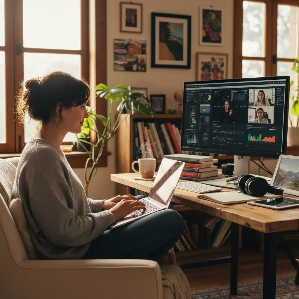 Remote worker in a well-lit home office, symbolizing flexible work arrangements.