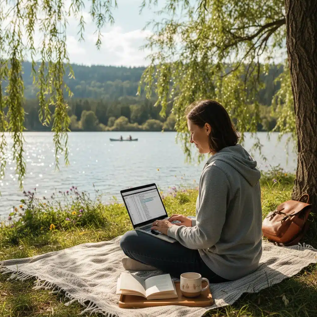 Remote worker in nature, blending work and personal time.
