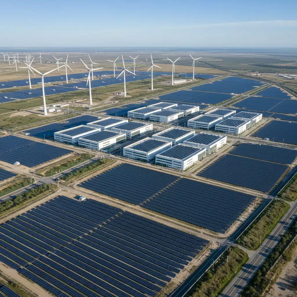 Large data center campus powered by extensive solar panels and wind turbines, demonstrating renewable energy integration.
