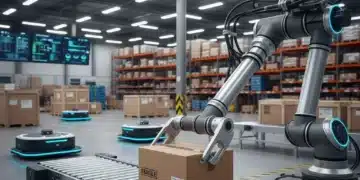 Robotic arm sorting packages in a modern warehouse, showcasing advanced logistics automation.