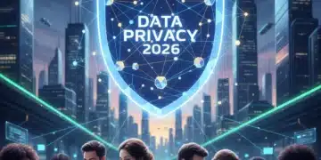 Illustration of secure data network and shield, representing data privacy protection in 2026.