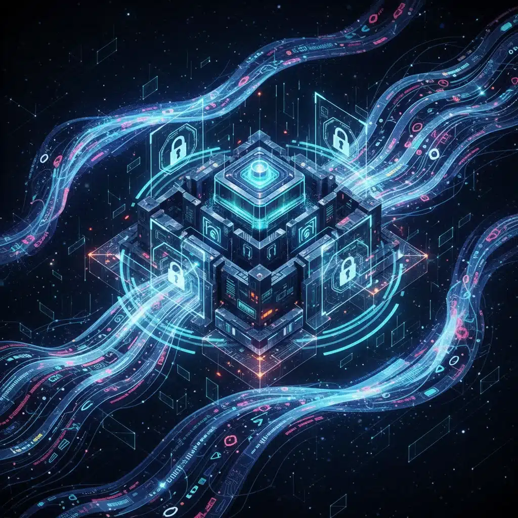 Conceptual image of secure data storage and advanced cybersecurity protocols.