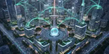 Modern smart city skyline with interconnected infrastructure and data streams
