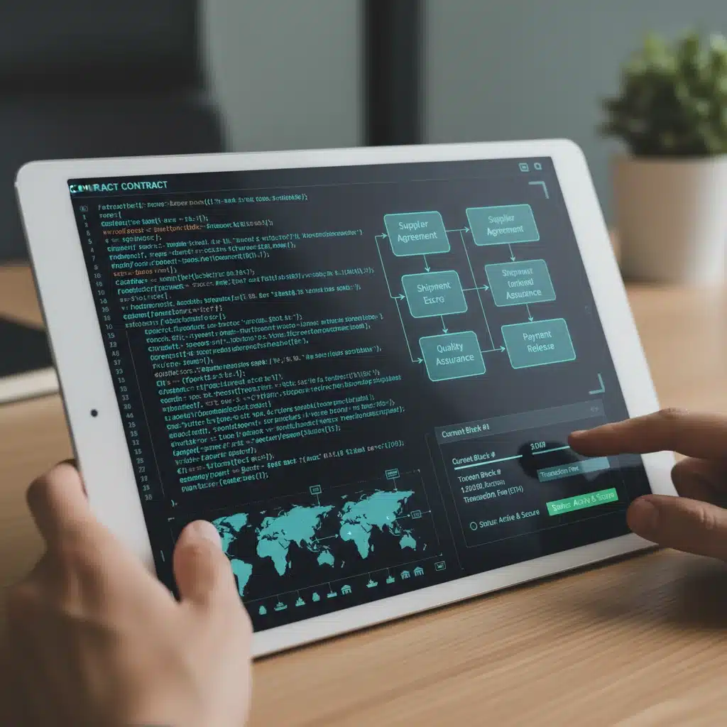 Smart contract interface displaying automated agreements and secure transactions in a supply chain.