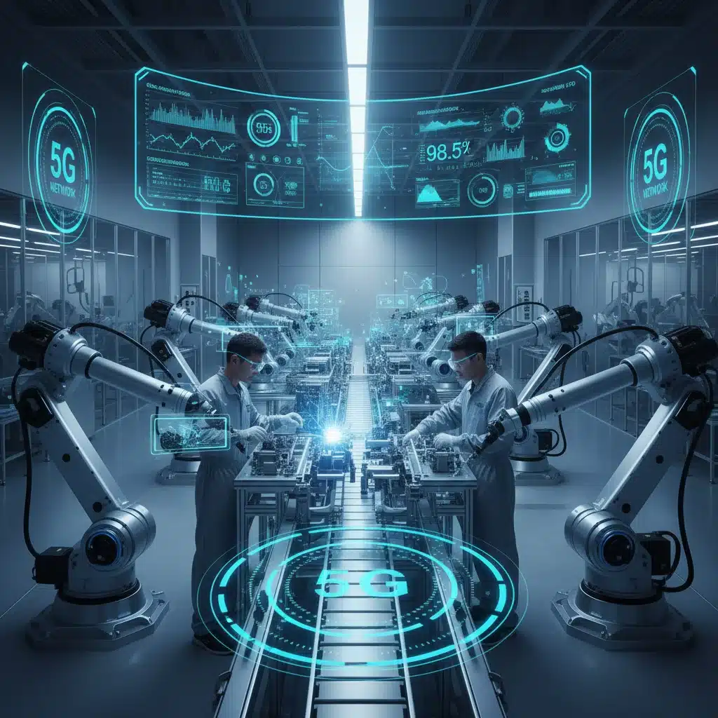 Smart factory using 5G for robotic automation, AR-guided workers, and real-time operational data.