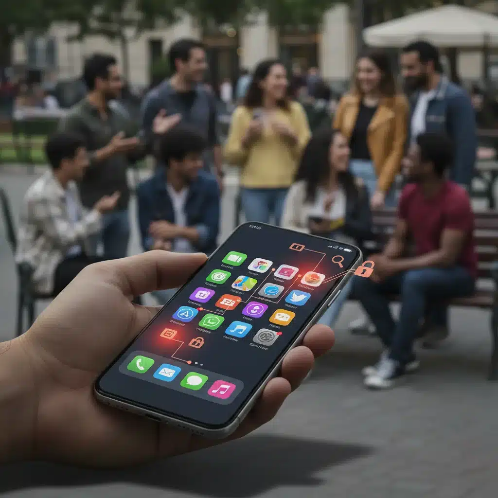 Person holding smartphone, app icons, blurred public interaction, data collection
