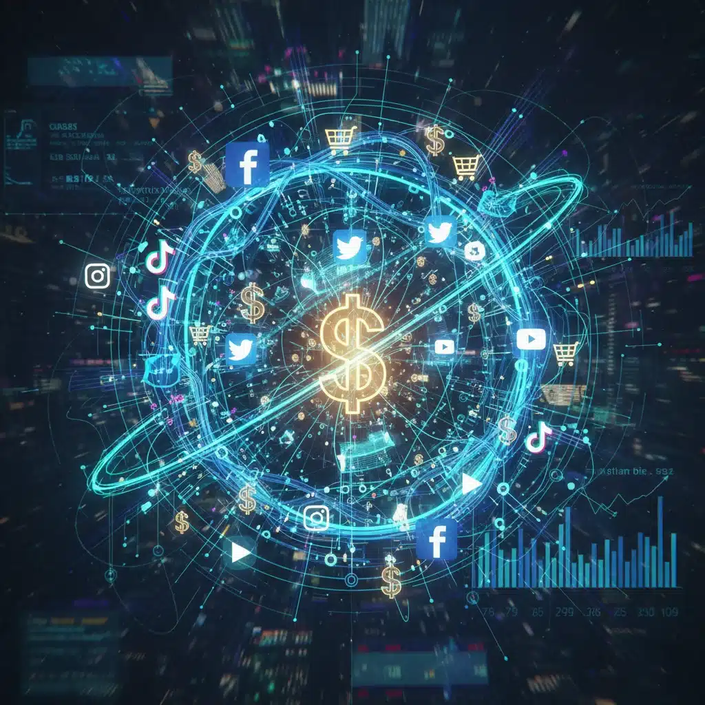 Interconnected social media platforms and financial transactions in a digital network.