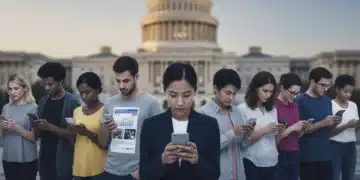 People engaging with political content on smartphones, US Capitol in background