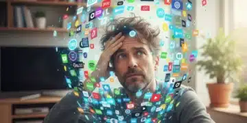 Person overwhelmed by many subscription service icons, symbolizing subscription fatigue in 2026.