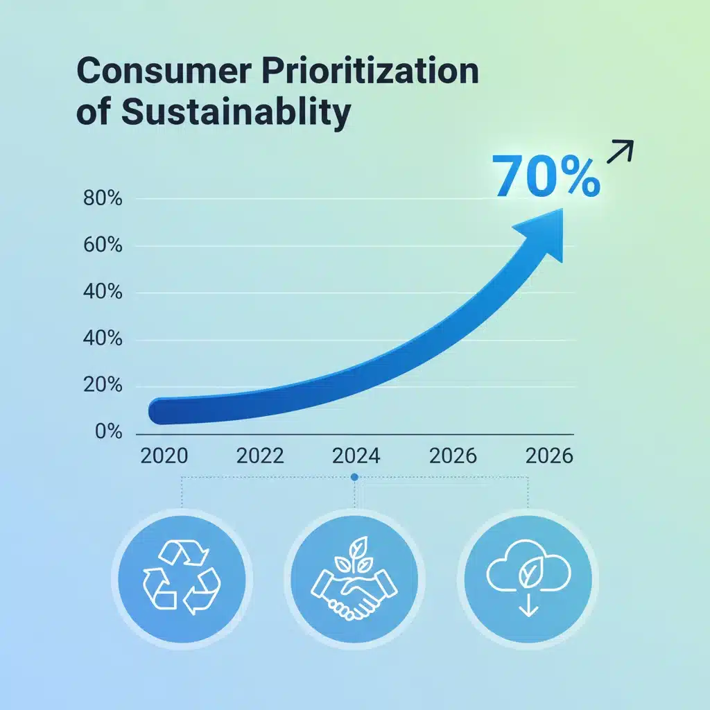 Infographic illustrating the increasing consumer prioritization of sustainability, showing a 70% target by 2026.
