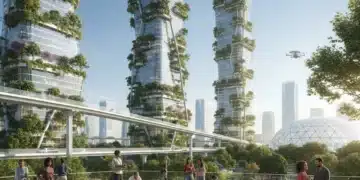 Futuristic city with vertical gardens symbolizing sustainable living in US