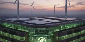 Sustainable data center with solar panels and wind turbines, representing green technology and environmental responsibility.
