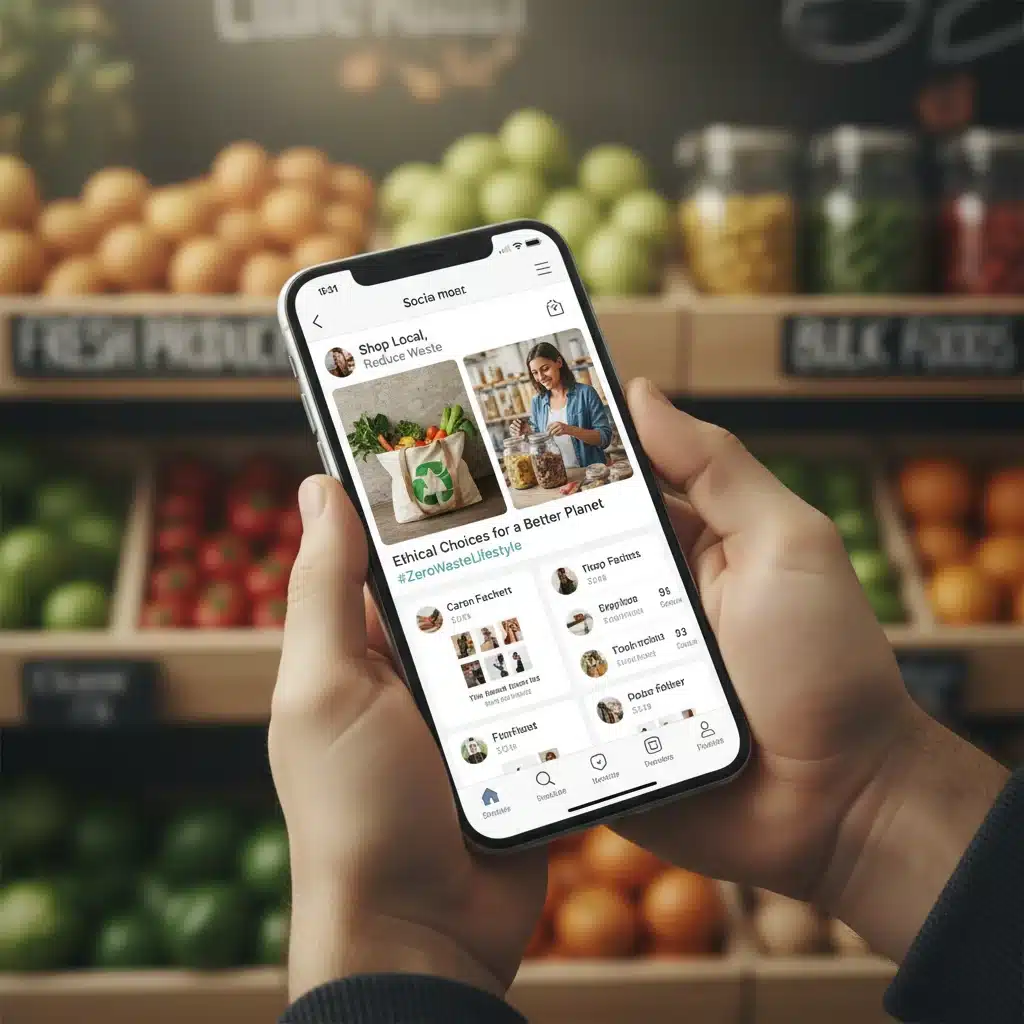 Smartphone displaying sustainable living content from a micro-influencer