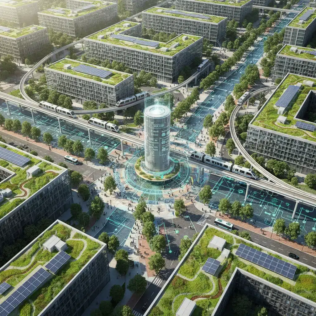 Aerial view of a sustainable smart city district with green roofs.