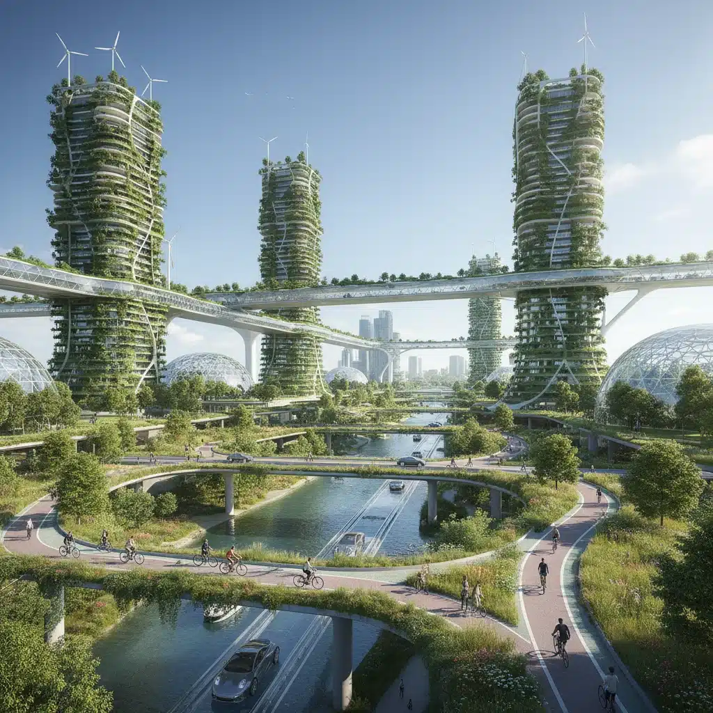 Sustainable urban landscape with green buildings and electric transport, symbolizing environmental responsibility.
