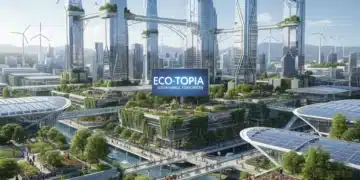 Sustainable urban landscape in the US with green infrastructure and renewable energy.
