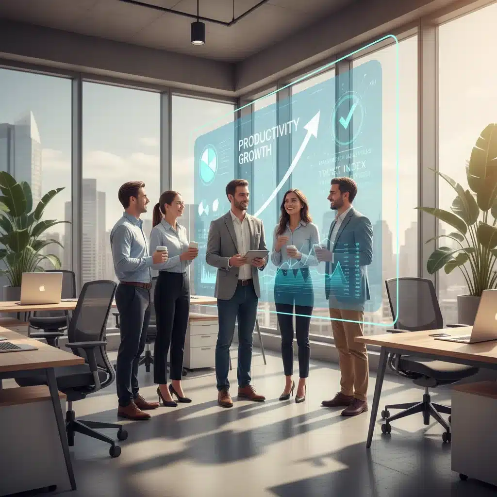 Team collaborating in modern office with AI-generated data insights on screen.