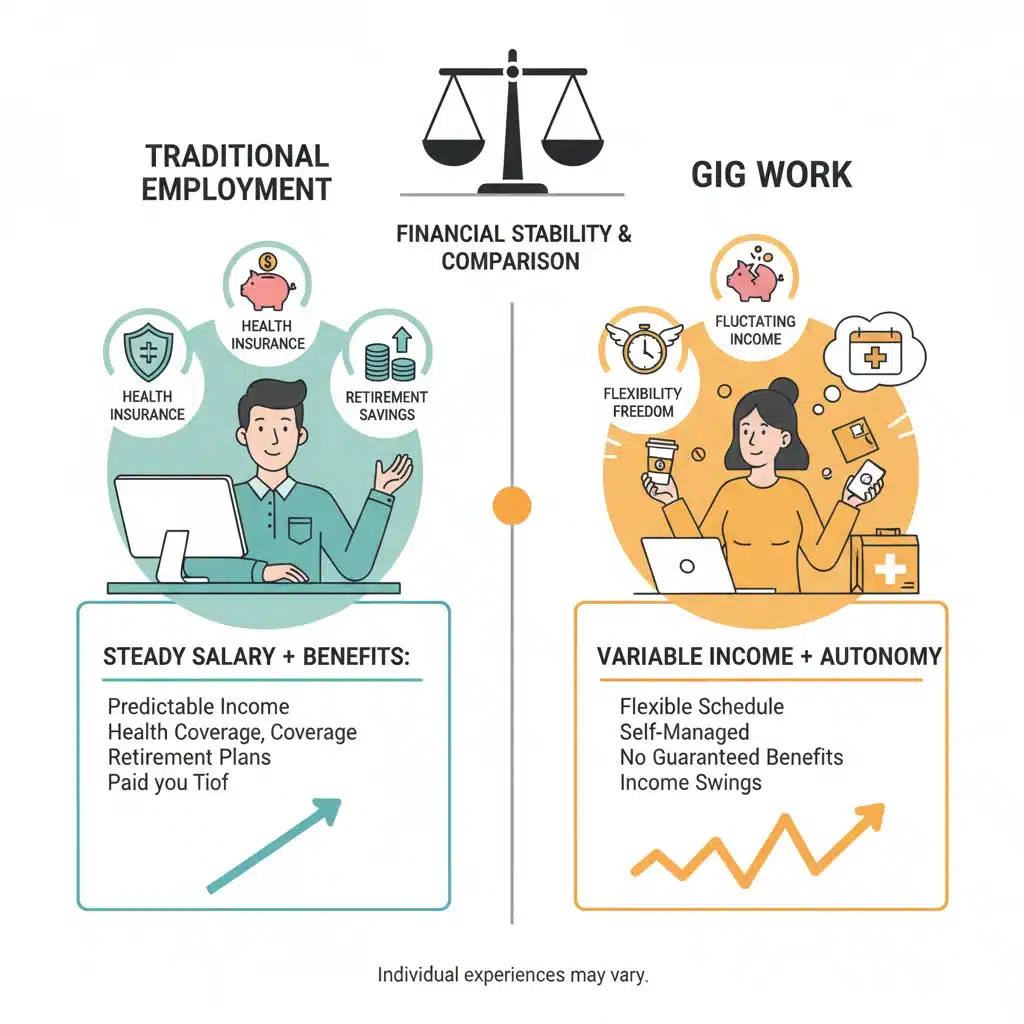 Comparison of financial stability and benefits between traditional and gig employment.