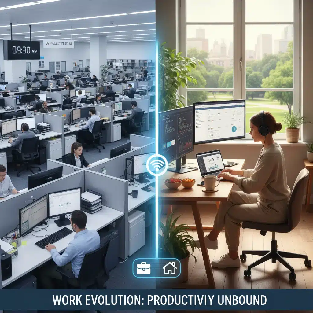 Contrast between traditional office and productive home office, illustrating hybrid work models.