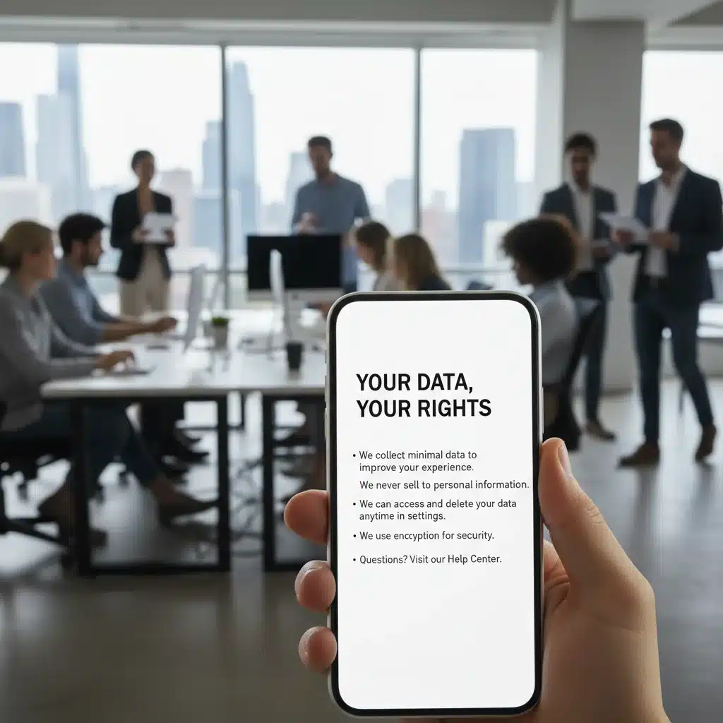 Smartphone displaying transparent data privacy policy, enhancing consumer understanding.