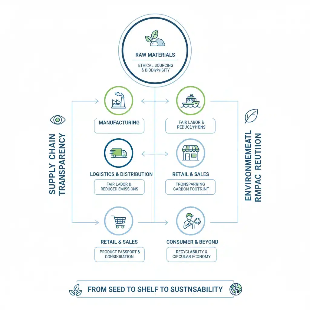 Infographic showing transparent supply chain from raw materials to consumer, highlighting ethical sourcing.