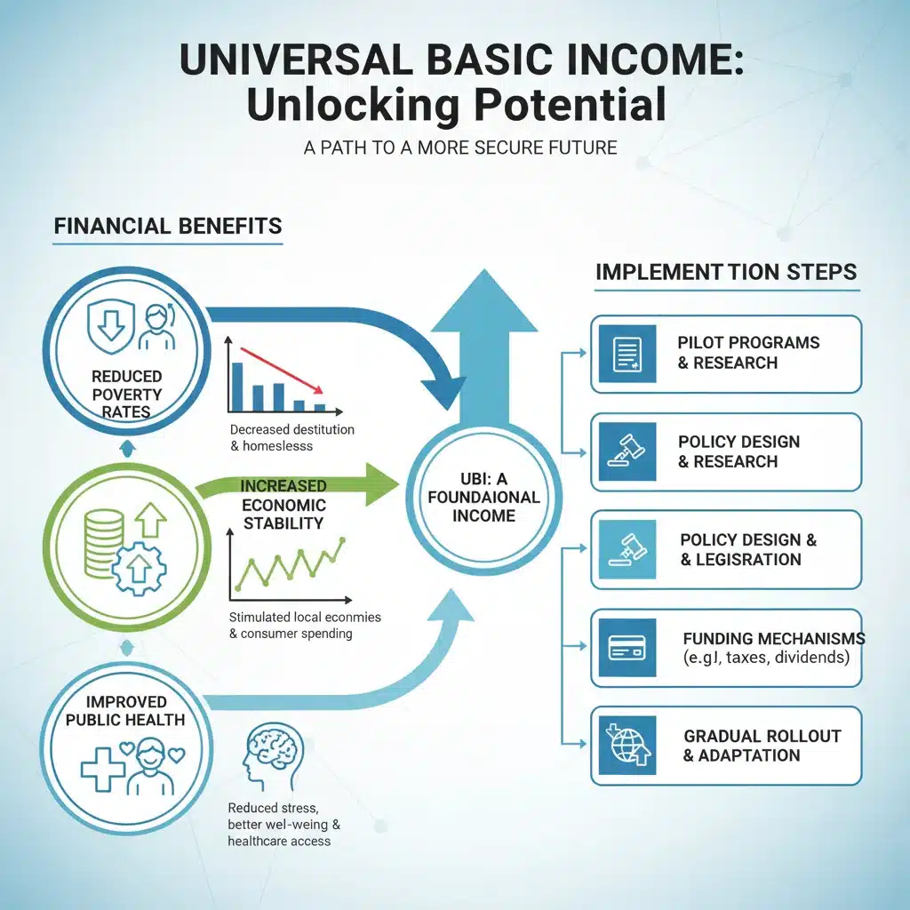 Infographic detailing financial benefits and implementation of universal basic income.