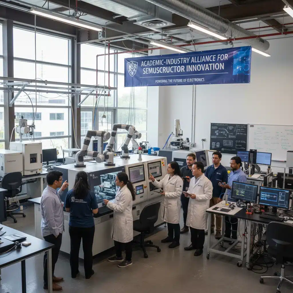 University researchers collaborating in a modern lab, advanced equipment, semiconductor R&D.