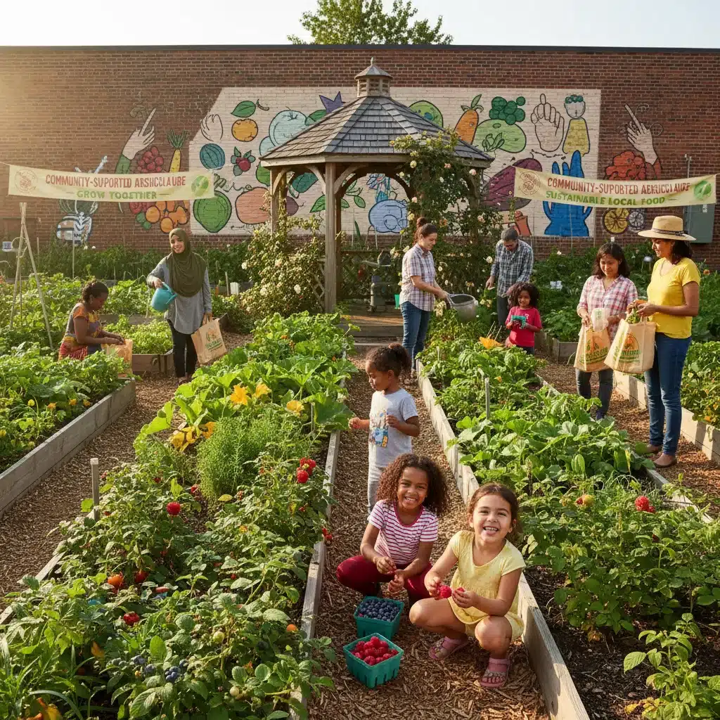 Diverse community members harvesting fresh produce in a vibrant urban garden