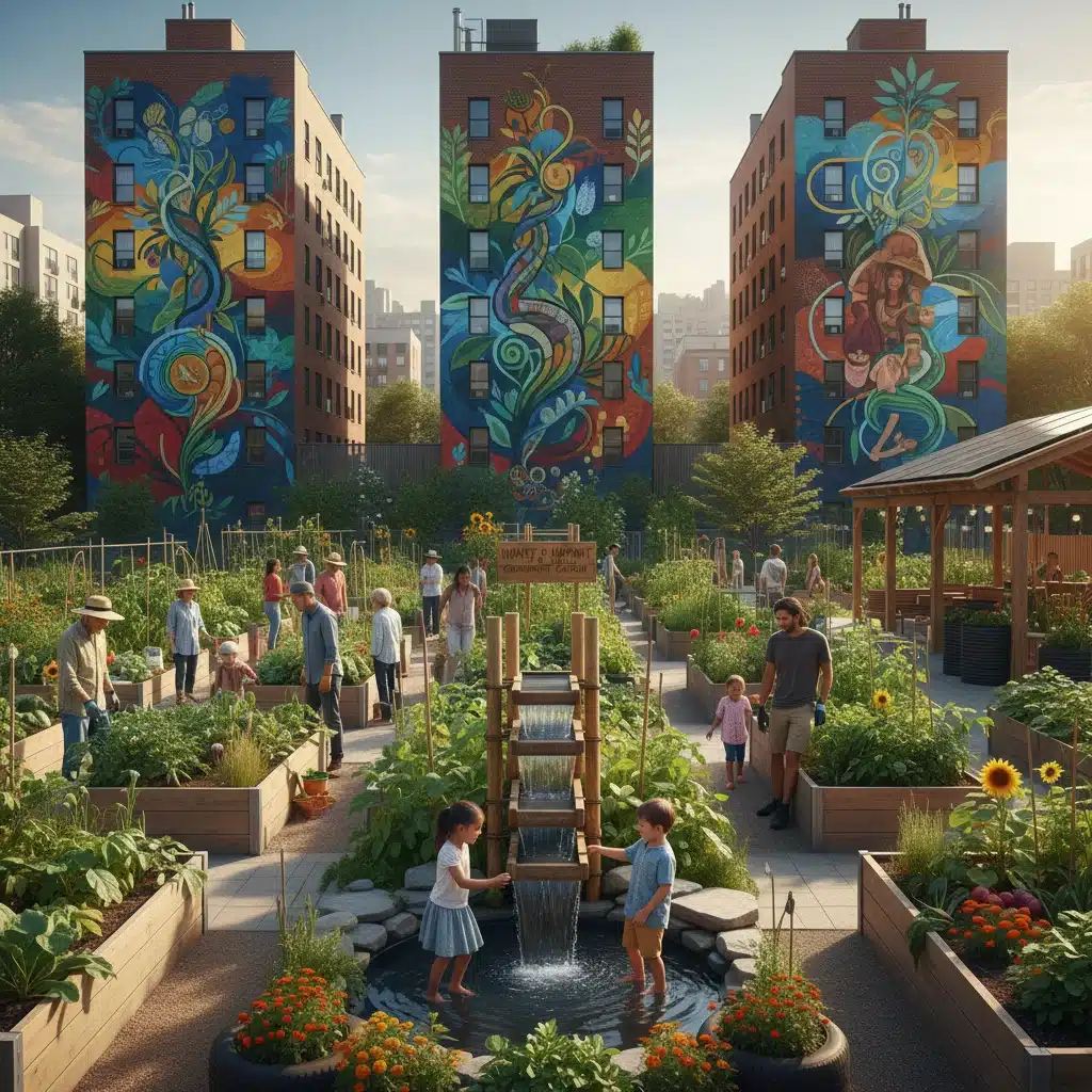 Urban community garden with diverse residents, colorful murals, and sustainable features.