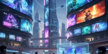 Futuristic cityscape with diverse digital entertainment screens and people engaging with media, illustrating US entertainment trends.