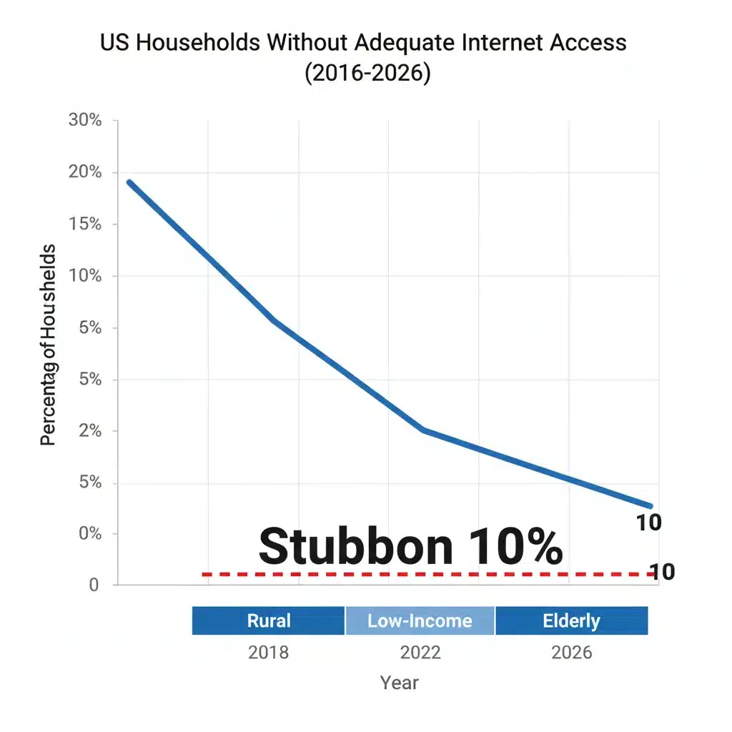 Graph showing the persistent 10% of US households without adequate internet access in 2026, broken down by demographics.