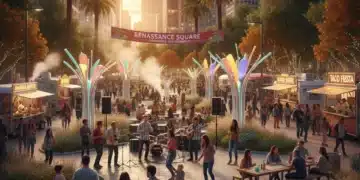 Vibrant public park with art, music, and diverse community enjoying cultural revival.