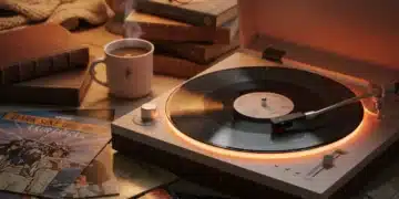 Vintage record player with spinning vinyl and classic album art, evoking analog nostalgia.
