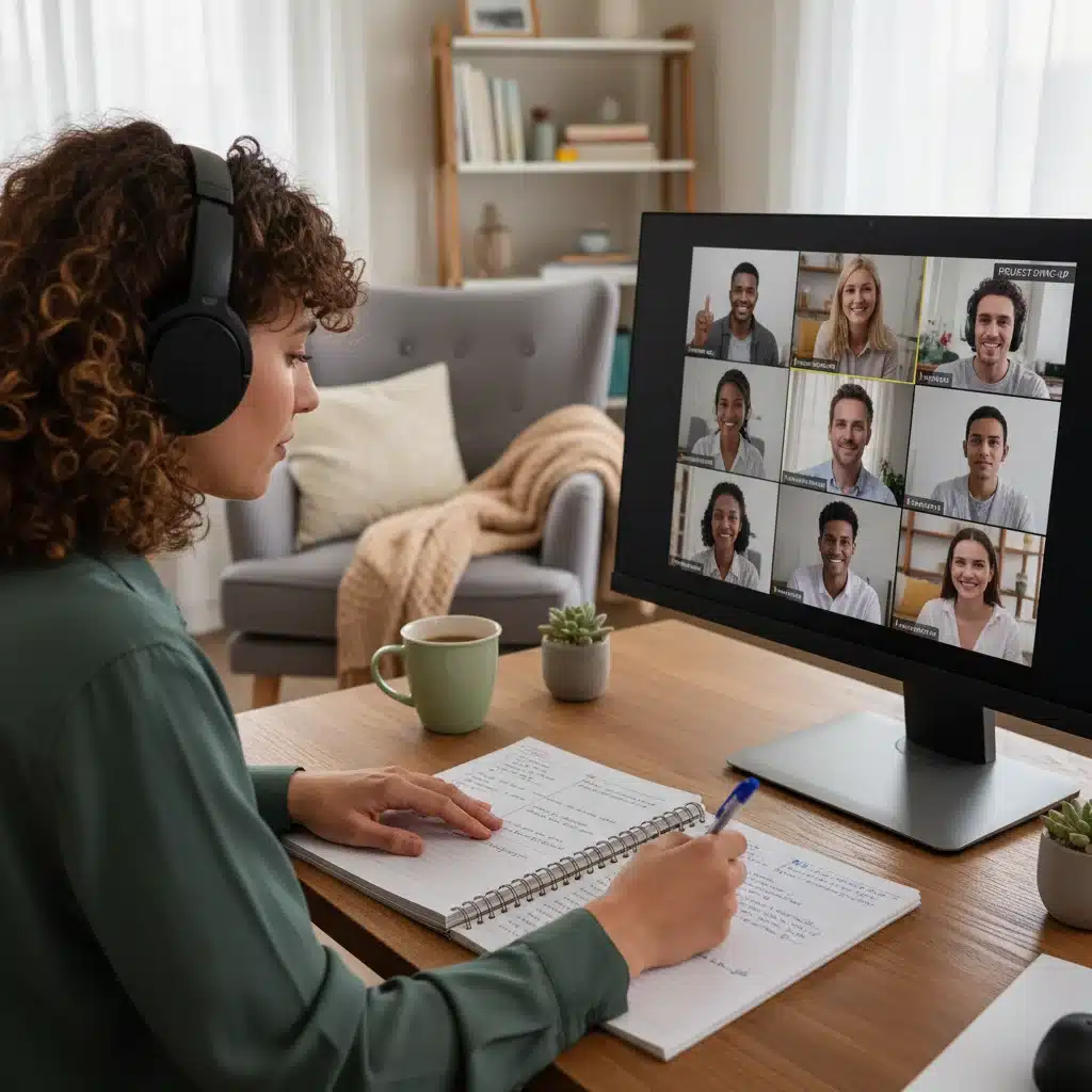 Individual engaging in a virtual meeting from a home office, demonstrating remote participation.