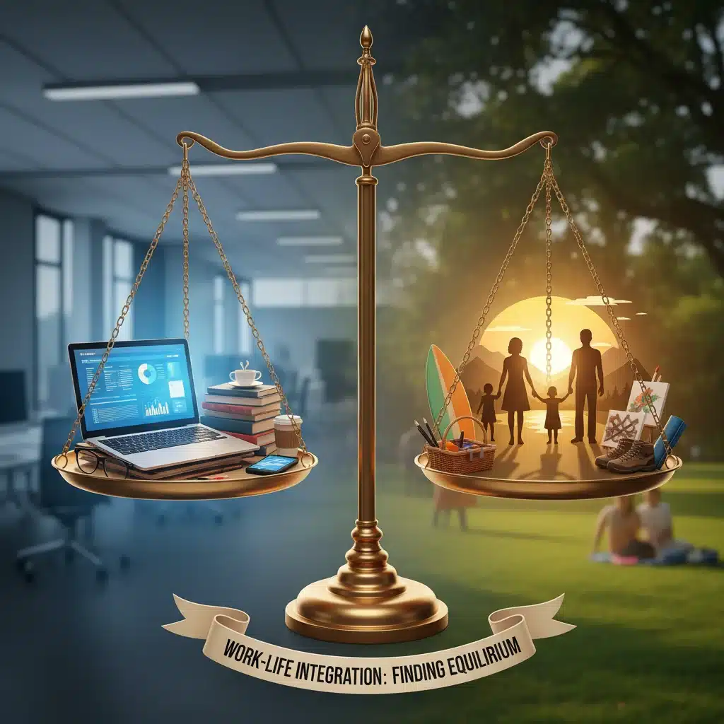 Work-life balance scale with office and leisure items