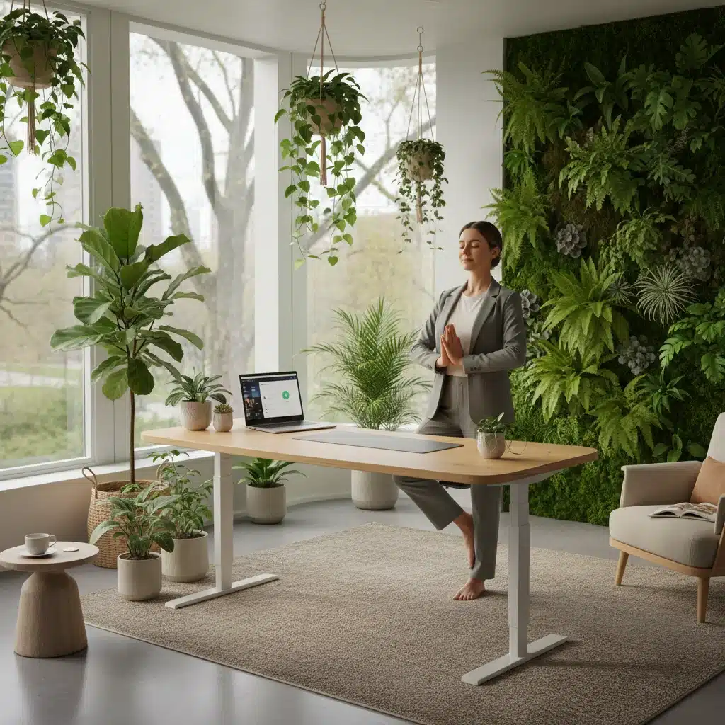 Individual practicing mindfulness during a work break in a serene environment.