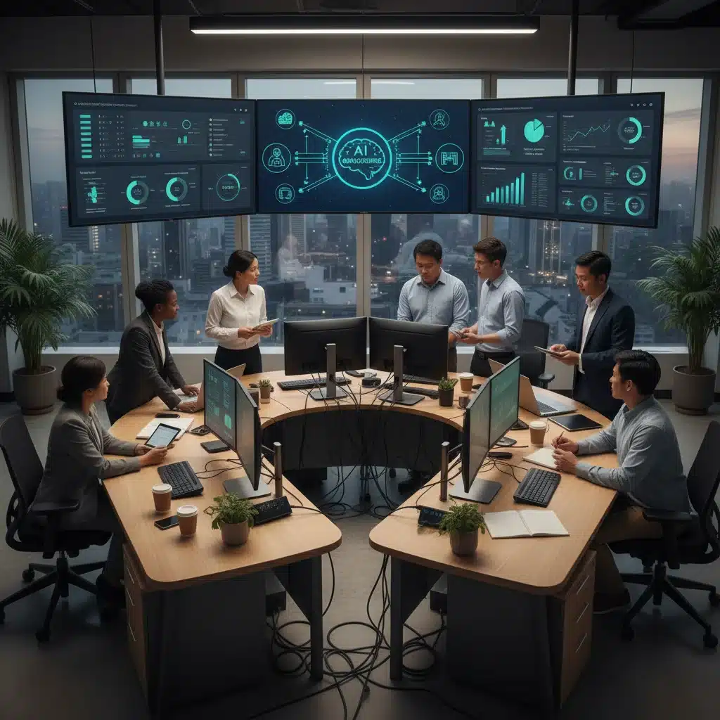 Healthcare professionals optimizing operations with AI-driven analytics dashboards