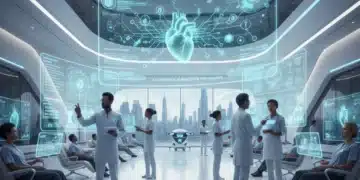 AI-powered healthcare system in a modern hospital setting with medical professionals