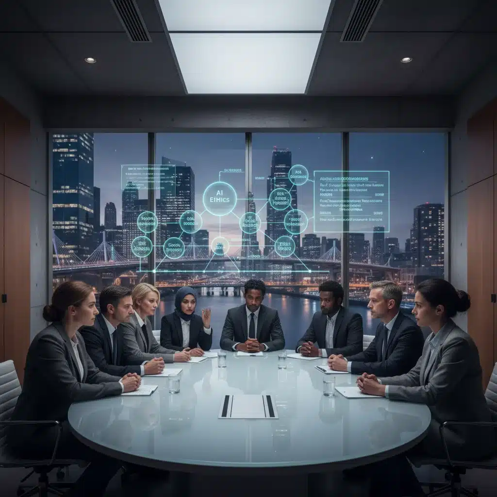 Diverse experts discussing AI regulatory development around a holographic table, symbolizing policy formation.