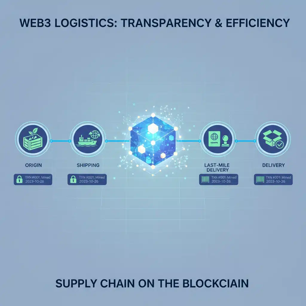 Blockchain-powered supply chain showing transparent tracking of goods from origin to delivery.