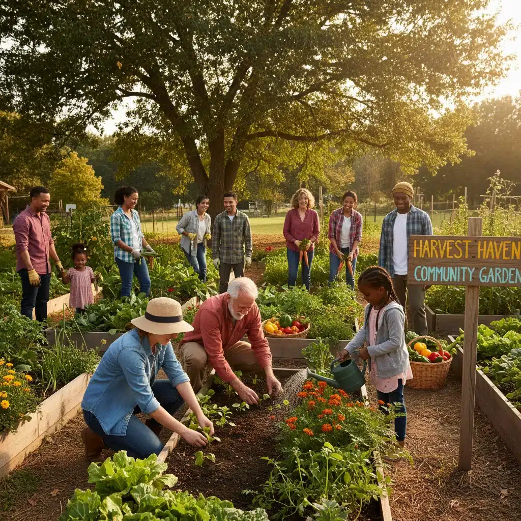 Diverse community members actively participating in a vibrant urban garden, planting and harvesting produce together, showcasing collaboration and sustainability.