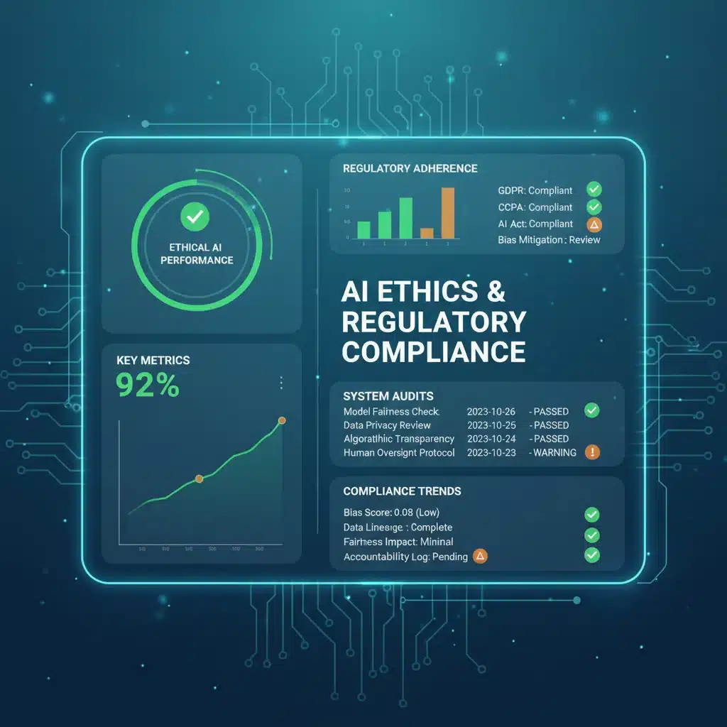 AI compliance dashboard displaying ethical performance metrics and regulatory adherence indicators.