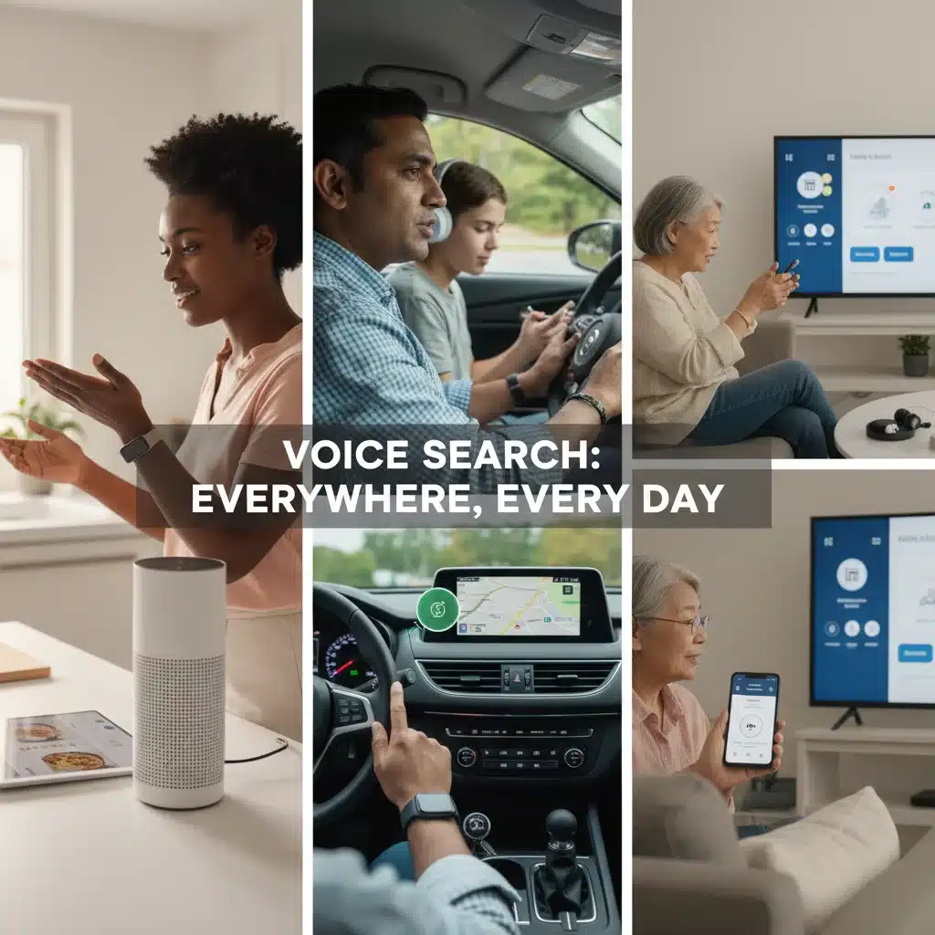 People using voice search across various smart devices and environments